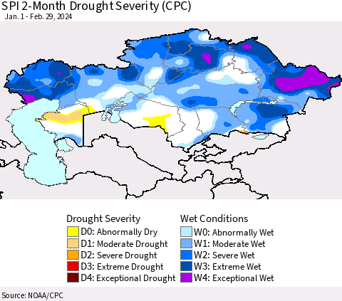 Kazakhstan SPI 2-Month Drought Severity (CPC) Thematic Map For 1/1/2024 - 2/29/2024