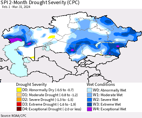 Kazakhstan SPI 2-Month Drought Severity (CPC) Thematic Map For 2/1/2024 - 3/31/2024