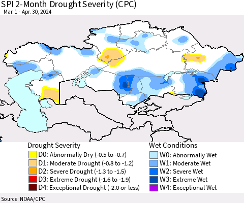 Kazakhstan SPI 2-Month Drought Severity (CPC) Thematic Map For 3/1/2024 - 4/30/2024