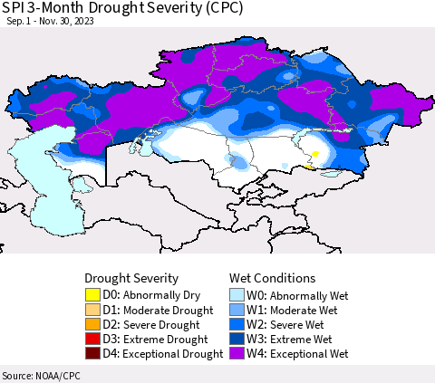 Kazakhstan SPI 3-Month Drought Severity (CPC) Thematic Map For 9/1/2023 - 11/30/2023