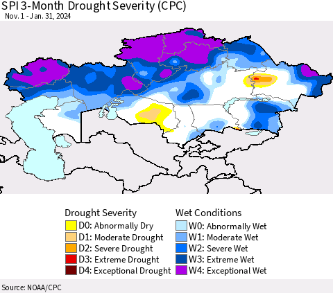 Kazakhstan SPI 3-Month Drought Severity (CPC) Thematic Map For 11/1/2023 - 1/31/2024