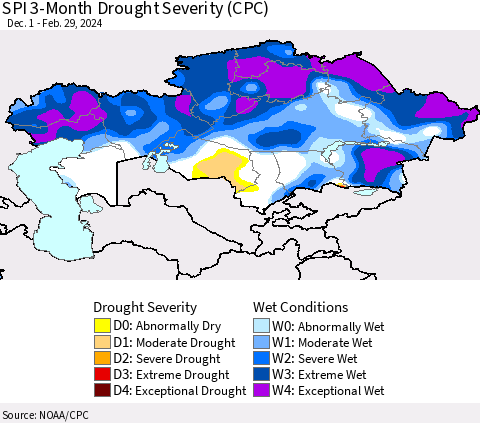 Kazakhstan SPI 3-Month Drought Severity (CPC) Thematic Map For 12/1/2023 - 2/29/2024