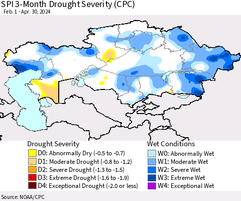 Kazakhstan SPI 3-Month Drought Severity (CPC) Thematic Map For 2/1/2024 - 4/30/2024
