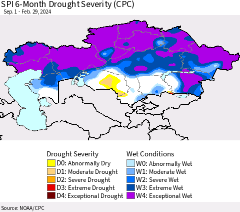 Kazakhstan SPI 6-Month Drought Severity (CPC) Thematic Map For 9/1/2023 - 2/29/2024