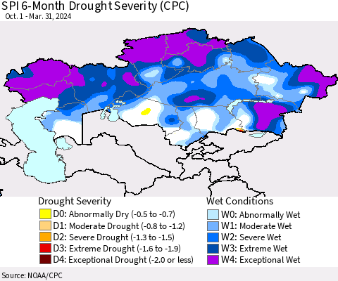 Kazakhstan SPI 6-Month Drought Severity (CPC) Thematic Map For 10/1/2023 - 3/31/2024