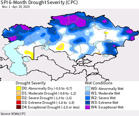 Kazakhstan SPI 6-Month Drought Severity (CPC) Thematic Map For 11/1/2023 - 4/30/2024