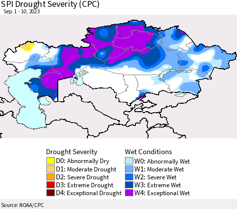Kazakhstan SPI Drought Severity (CPC) Thematic Map For 9/1/2023 - 9/10/2023