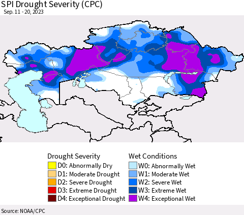 Kazakhstan SPI Drought Severity (CPC) Thematic Map For 9/11/2023 - 9/20/2023