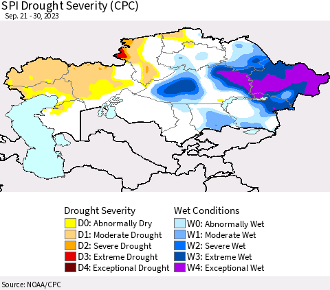 Kazakhstan SPI Drought Severity (CPC) Thematic Map For 9/21/2023 - 9/30/2023