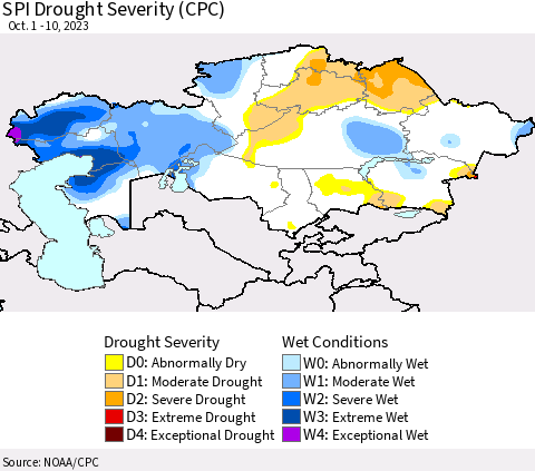 Kazakhstan SPI Drought Severity (CPC) Thematic Map For 10/1/2023 - 10/10/2023