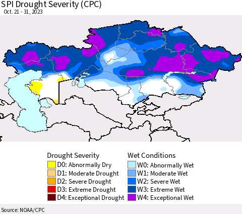 Kazakhstan SPI Drought Severity (CPC) Thematic Map For 10/21/2023 - 10/31/2023