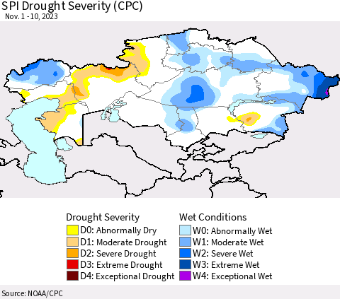 Kazakhstan SPI Drought Severity (CPC) Thematic Map For 11/1/2023 - 11/10/2023