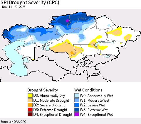 Kazakhstan SPI Drought Severity (CPC) Thematic Map For 11/11/2023 - 11/20/2023