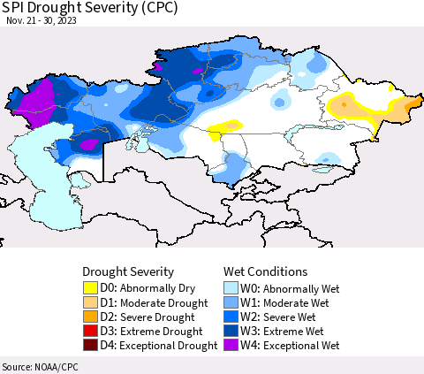 Kazakhstan SPI Drought Severity (CPC) Thematic Map For 11/21/2023 - 11/30/2023