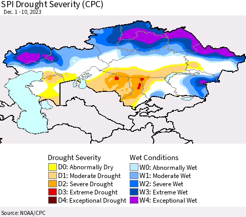 Kazakhstan SPI Drought Severity (CPC) Thematic Map For 12/1/2023 - 12/10/2023