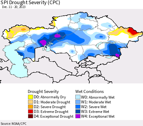 Kazakhstan SPI Drought Severity (CPC) Thematic Map For 12/11/2023 - 12/20/2023