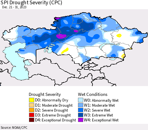 Kazakhstan SPI Drought Severity (CPC) Thematic Map For 12/21/2023 - 12/31/2023