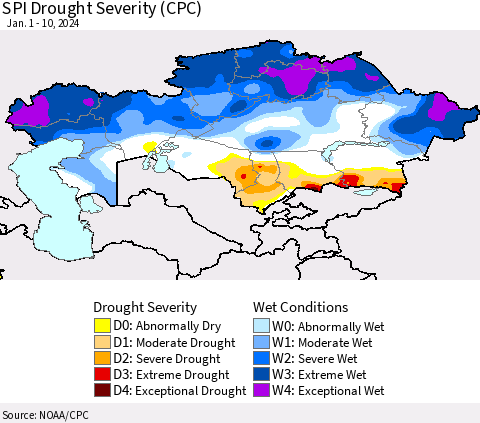 Kazakhstan SPI Drought Severity (CPC) Thematic Map For 1/1/2024 - 1/10/2024