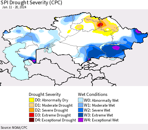 Kazakhstan SPI Drought Severity (CPC) Thematic Map For 1/11/2024 - 1/20/2024