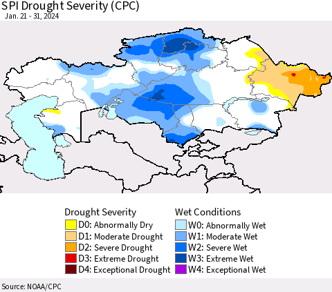 Kazakhstan SPI Drought Severity (CPC) Thematic Map For 1/21/2024 - 1/31/2024