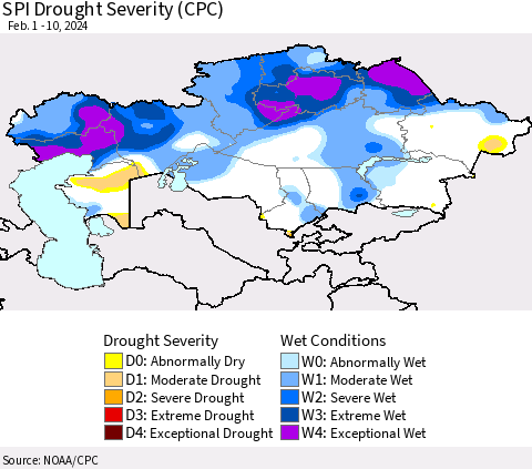 Kazakhstan SPI Drought Severity (CPC) Thematic Map For 2/1/2024 - 2/10/2024