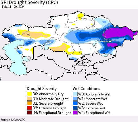 Kazakhstan SPI Drought Severity (CPC) Thematic Map For 2/11/2024 - 2/20/2024