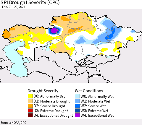 Kazakhstan SPI Drought Severity (CPC) Thematic Map For 2/21/2024 - 2/29/2024