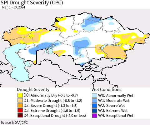 Kazakhstan SPI Drought Severity (CPC) Thematic Map For 3/1/2024 - 3/10/2024