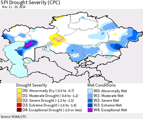 Kazakhstan SPI Drought Severity (CPC) Thematic Map For 3/11/2024 - 3/20/2024