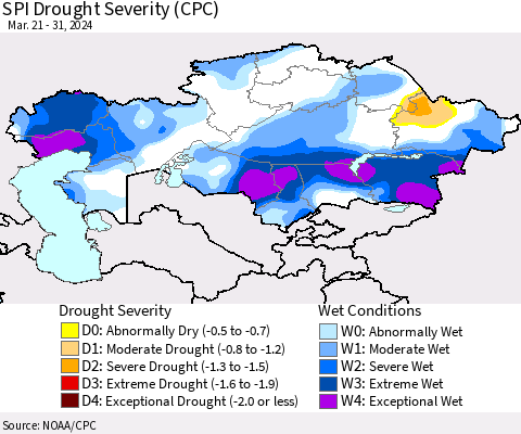 Kazakhstan SPI Drought Severity (CPC) Thematic Map For 3/21/2024 - 3/31/2024