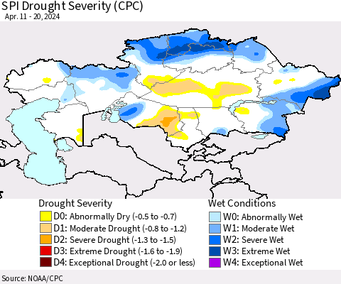 Kazakhstan SPI Drought Severity (CPC) Thematic Map For 4/11/2024 - 4/20/2024