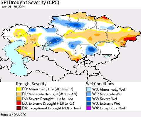 Kazakhstan SPI Drought Severity (CPC) Thematic Map For 4/21/2024 - 4/30/2024