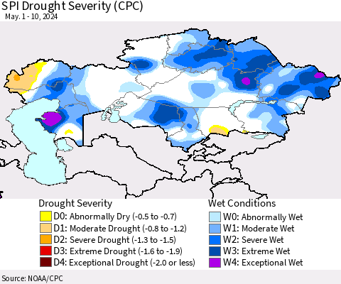 Kazakhstan SPI Drought Severity (CPC) Thematic Map For 5/1/2024 - 5/10/2024