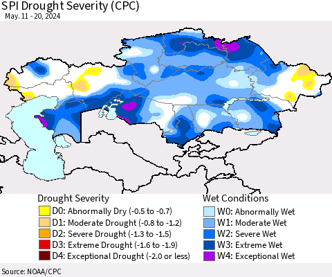 Kazakhstan SPI Drought Severity (CPC) Thematic Map For 5/11/2024 - 5/20/2024
