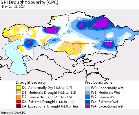 Kazakhstan SPI Drought Severity (CPC) Thematic Map For 5/21/2024 - 5/31/2024