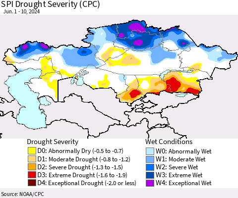 Kazakhstan SPI Drought Severity (CPC) Thematic Map For 6/1/2024 - 6/10/2024