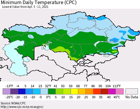 Kazakhstan Minimum Daily Temperature (CPC) Thematic Map For 4/5/2021 - 4/11/2021