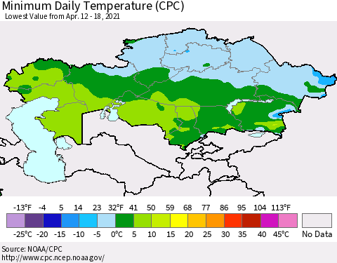 Kazakhstan Minimum Daily Temperature (CPC) Thematic Map For 4/12/2021 - 4/18/2021
