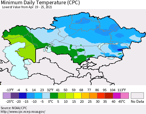 Kazakhstan Minimum Daily Temperature (CPC) Thematic Map For 4/19/2021 - 4/25/2021