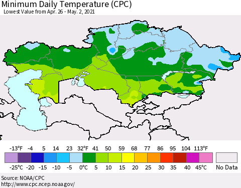 Kazakhstan Minimum Daily Temperature (CPC) Thematic Map For 4/26/2021 - 5/2/2021