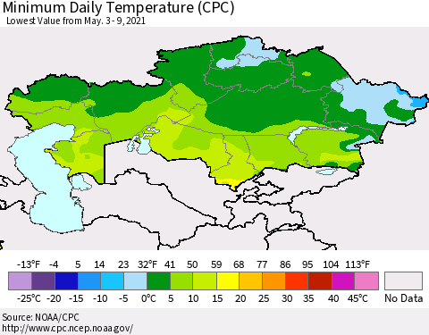 Kazakhstan Minimum Daily Temperature (CPC) Thematic Map For 5/3/2021 - 5/9/2021