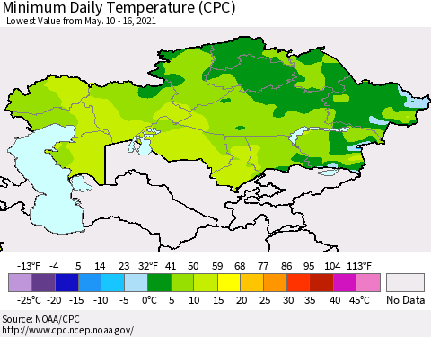 Kazakhstan Minimum Daily Temperature (CPC) Thematic Map For 5/10/2021 - 5/16/2021