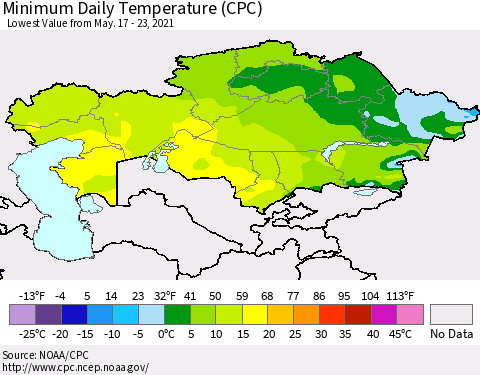 Kazakhstan Minimum Daily Temperature (CPC) Thematic Map For 5/17/2021 - 5/23/2021