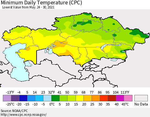 Kazakhstan Minimum Daily Temperature (CPC) Thematic Map For 5/24/2021 - 5/30/2021