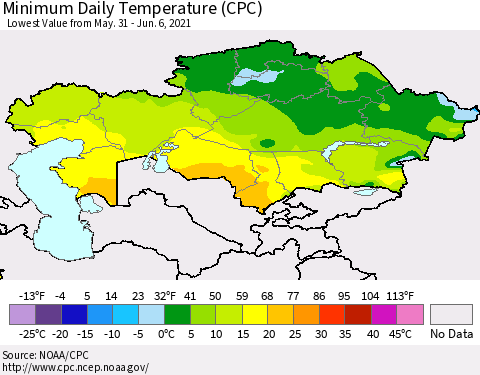 Kazakhstan Minimum Daily Temperature (CPC) Thematic Map For 5/31/2021 - 6/6/2021