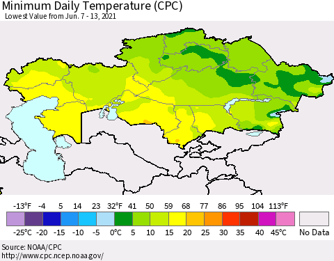 Kazakhstan Minimum Daily Temperature (CPC) Thematic Map For 6/7/2021 - 6/13/2021