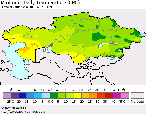 Kazakhstan Minimum Daily Temperature (CPC) Thematic Map For 6/14/2021 - 6/20/2021