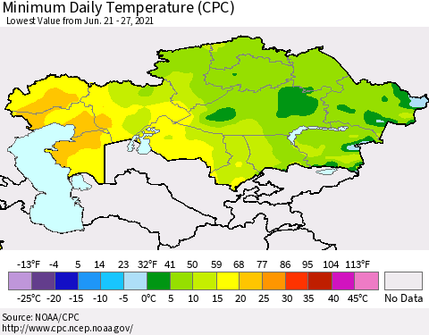 Kazakhstan Minimum Daily Temperature (CPC) Thematic Map For 6/21/2021 - 6/27/2021