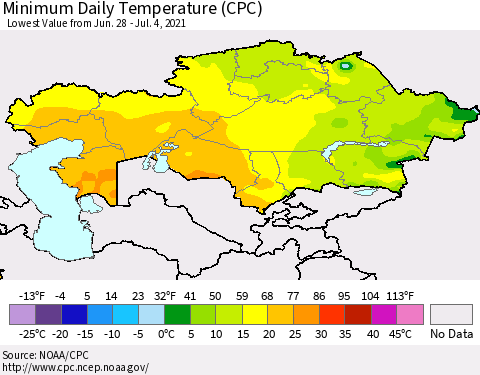 Kazakhstan Minimum Daily Temperature (CPC) Thematic Map For 6/28/2021 - 7/4/2021
