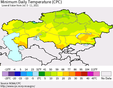 Kazakhstan Minimum Daily Temperature (CPC) Thematic Map For 7/5/2021 - 7/11/2021